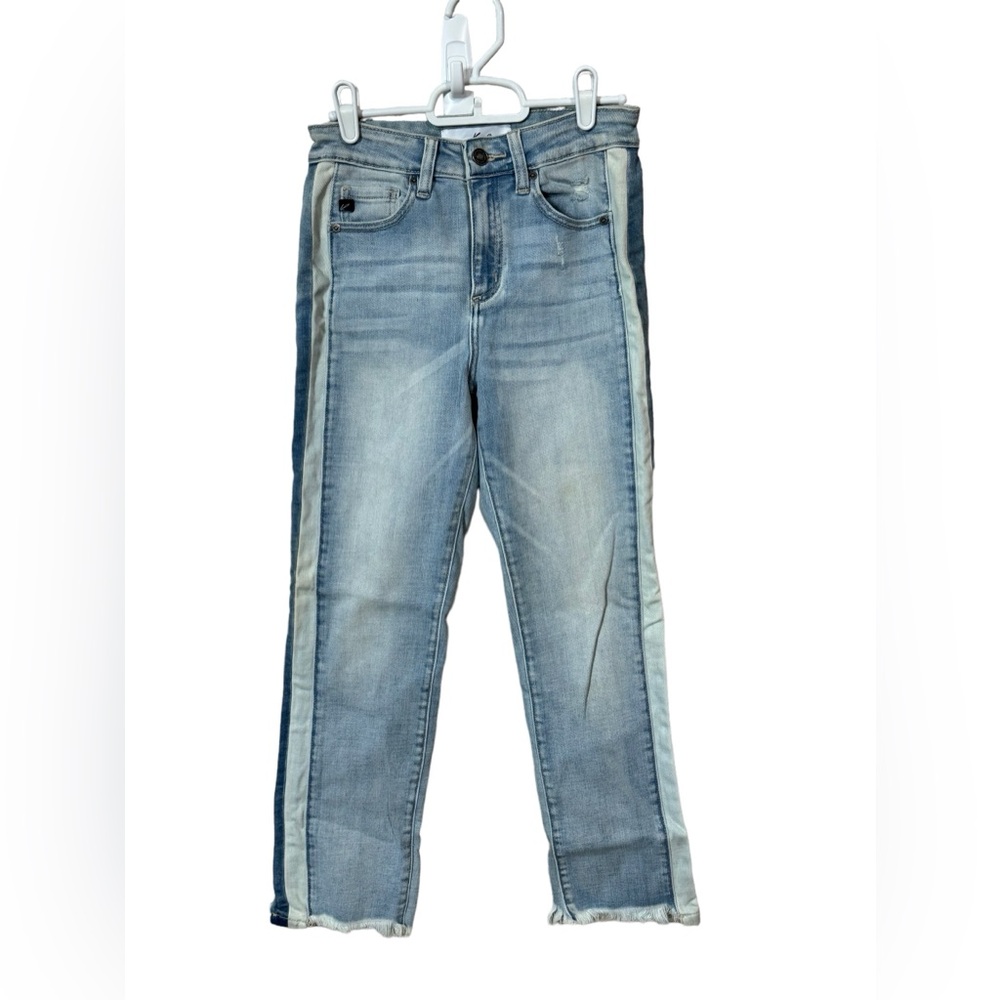 KanCan High Rise Side Stripe Raw Fringe Hem Straight Leg Jean 5/26